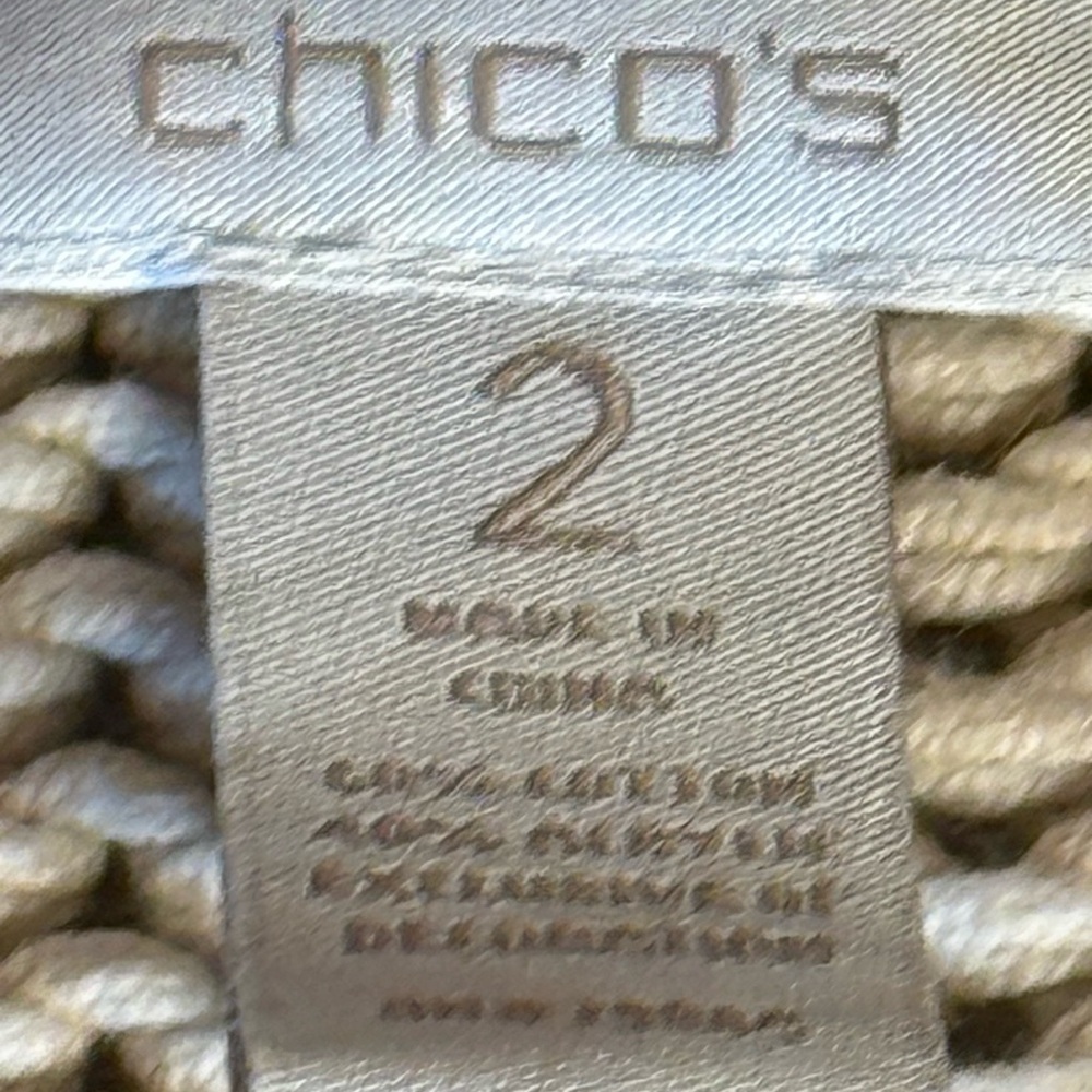 Chicos Cable Chunky Knit Beige Navy Silver Chain Trim Cardigan Sweater Size 2 L - Picture 4 of 8